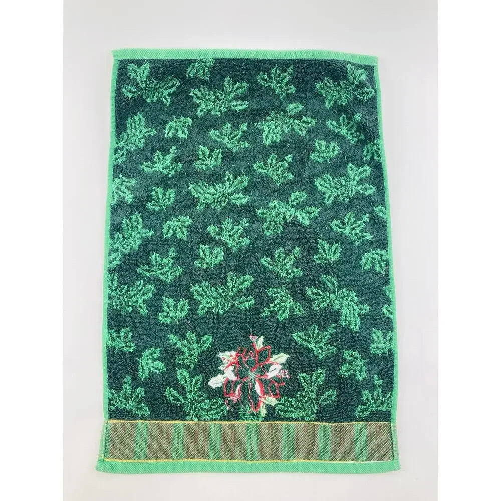 Christmas Towel Set Poinsettia Holly Embroidered Green Bath Body Hand Washcloth